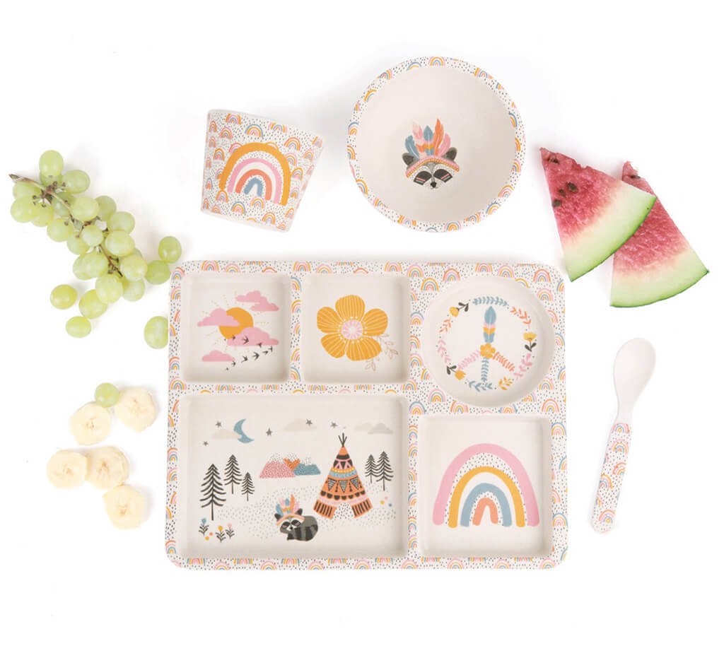 childrens dinnerware divided plate set gypsy girl kids children   bamboo bamboo
